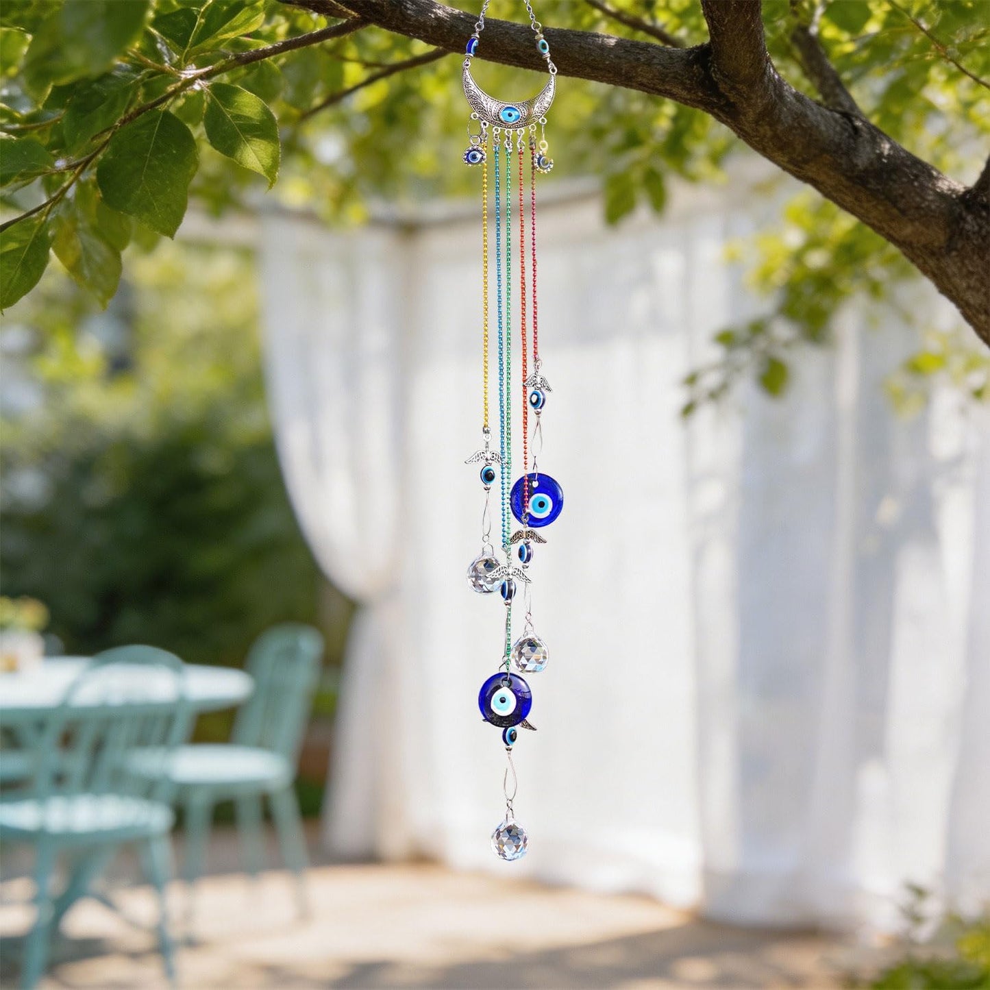 20 Inch Blue Evil Eye Hanging Crystal Suncatcher Ornament, Chakra Energy Crystal Ball Prism Pendant Rainbow Maker for Christmas Tree, Window & Home Decor Protection
