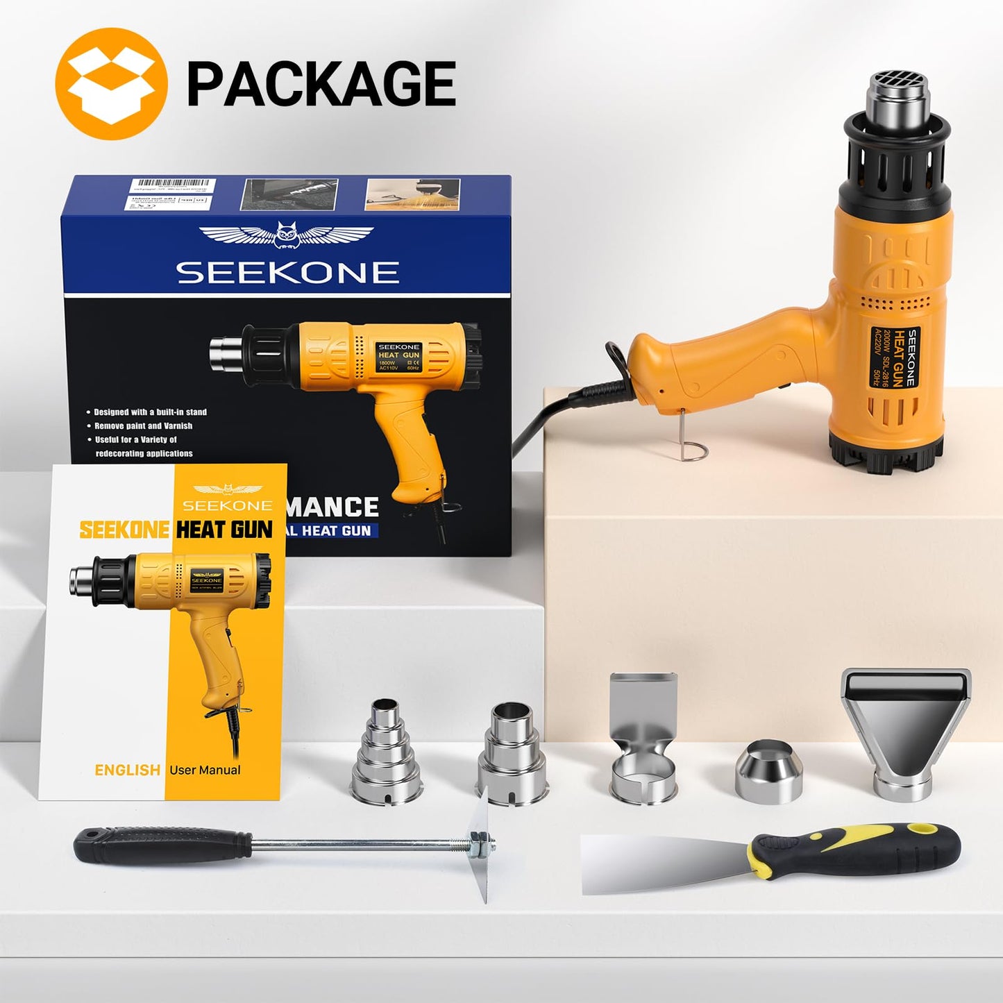 SEEKONE 2000W Professional Hot Air Gun 50℃- 600℃ Variable Temperature Control with 2-Temp Settings, Overload Protection, Double Heating Wire Fast Heating, 7 Accessories for Shrinking PVC
