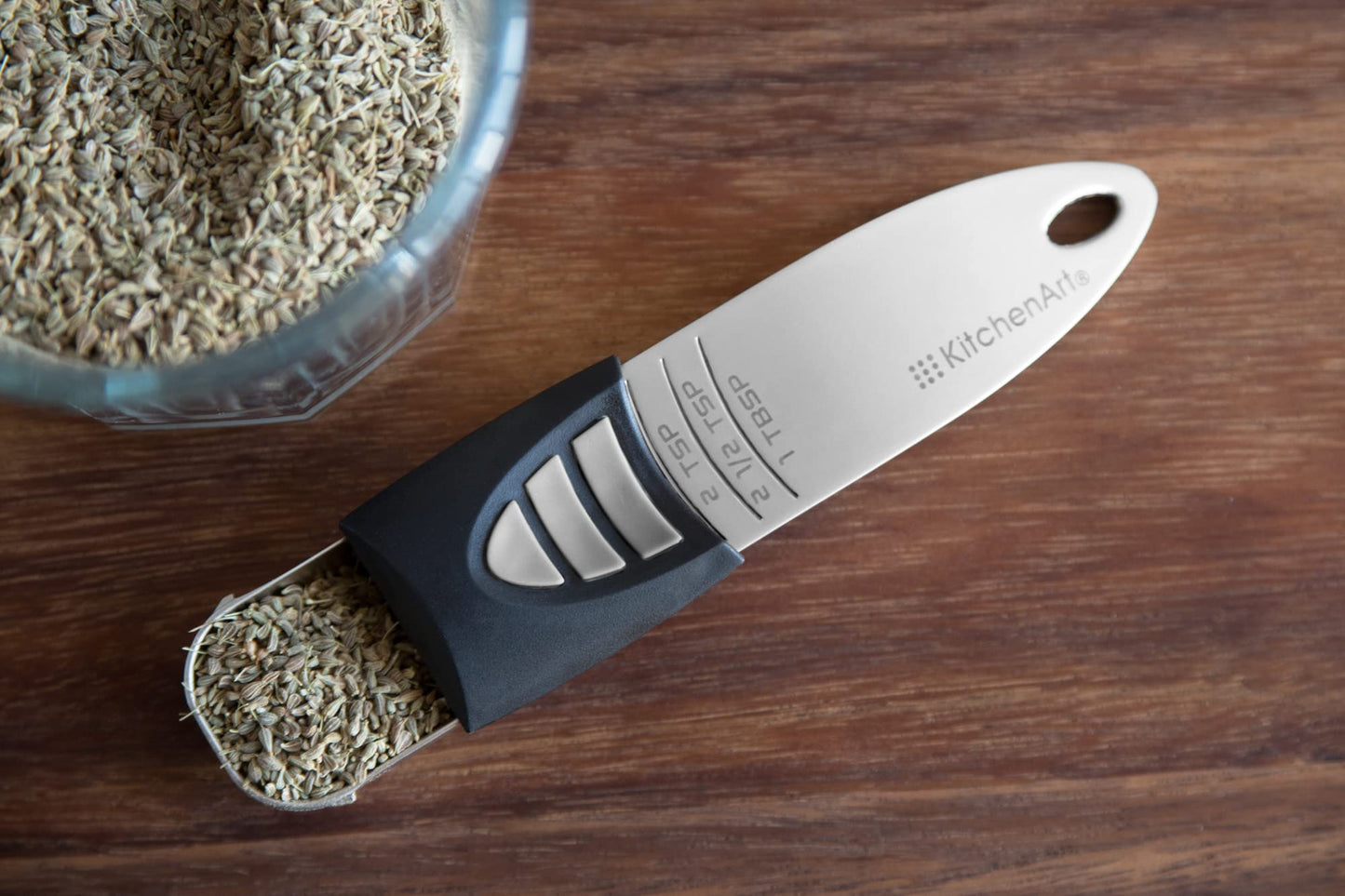 KitchenArt Stainless Steel Pro Sliding Adjust-A-Tablespoon and Teaspoon, Adjustable Measuring Spoon Set