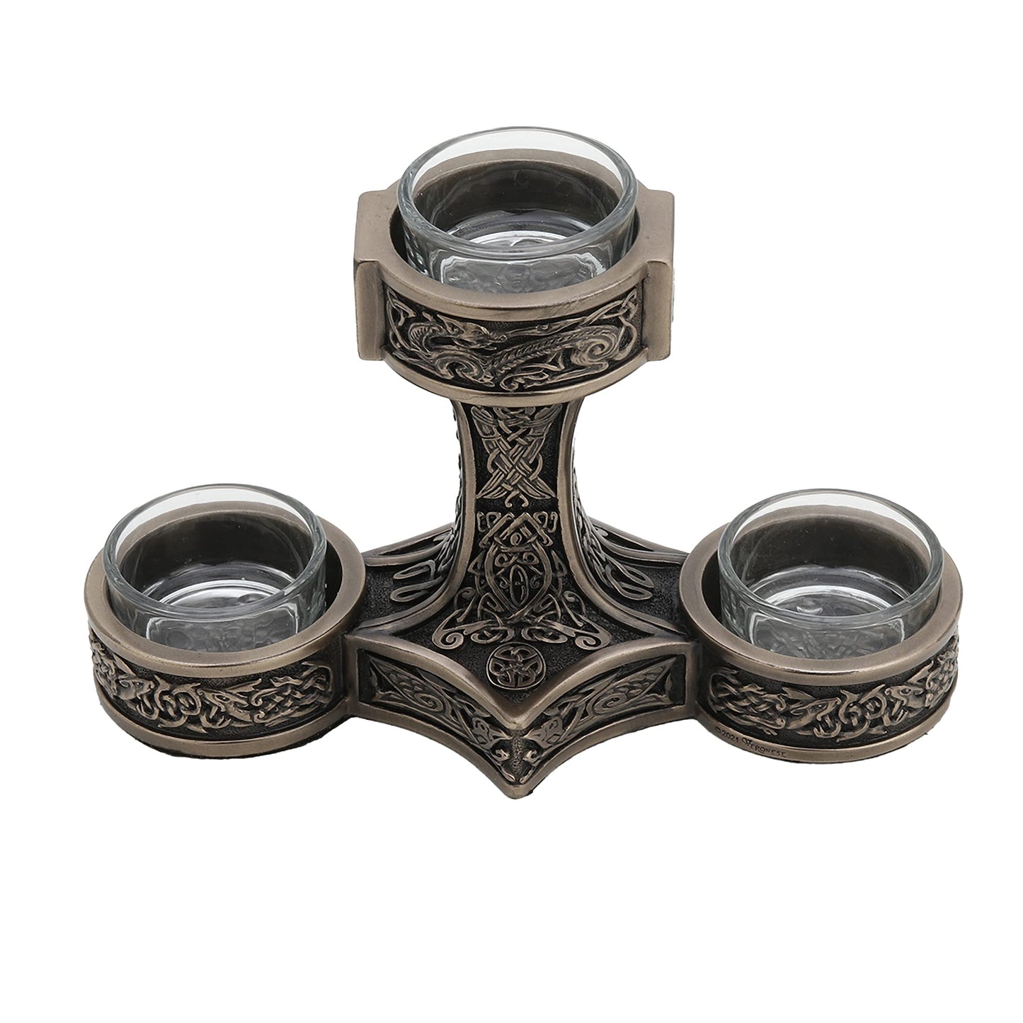 Veronese Design 4 7/8 Inch Tall Mjolnir Hammer of Thor Triple Head Tealight Candle Holder Viking Nordic Decor Cold Cast Bronzed Resin Sculpture