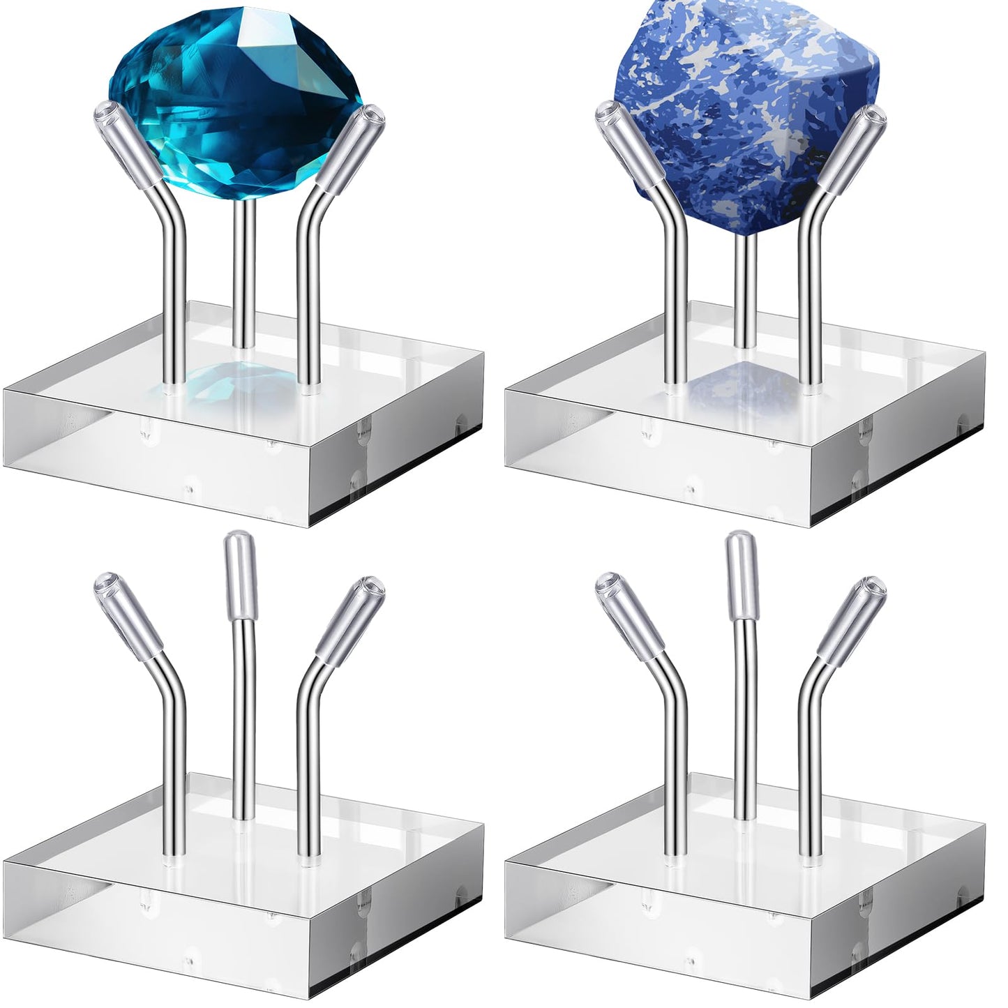 Weysat 4 Pack Clear Acrylic Display Stand, Metal 3 Peg Rock Display Easel Stands for Fossil Coral Crystal Geodes Rock Mineral Agate Small Collectibles Acrylic Holder