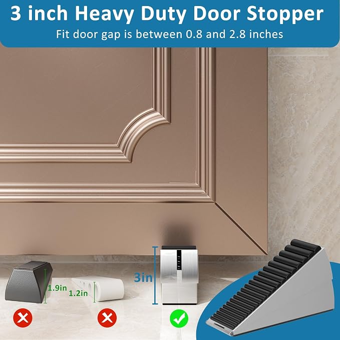 Optish Heavy Duty Door Stopper, Adjustable Spring Large Stopper, 3 Inches High Tall Wedge Stoppers for Bottom of Door, Door Stop Suits Wood, Carpet, Tiles, Home, Heavy Door, Silver