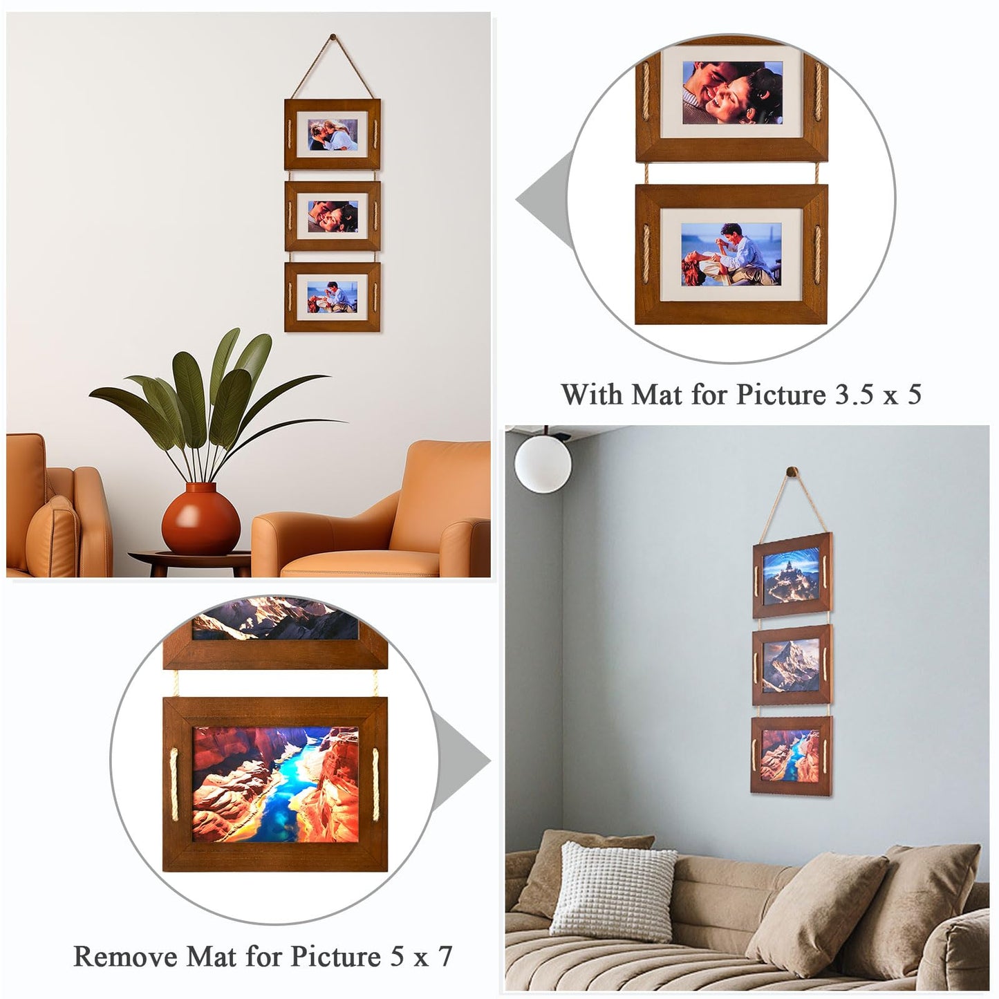 DLQuarts 5x7 Hanging Picture Frames Collage Wall Decor, 3 Opening 5x7 Matted to 3.5x5 Photo Rustic Wood Frame, Dark Walnut, 2 Pack