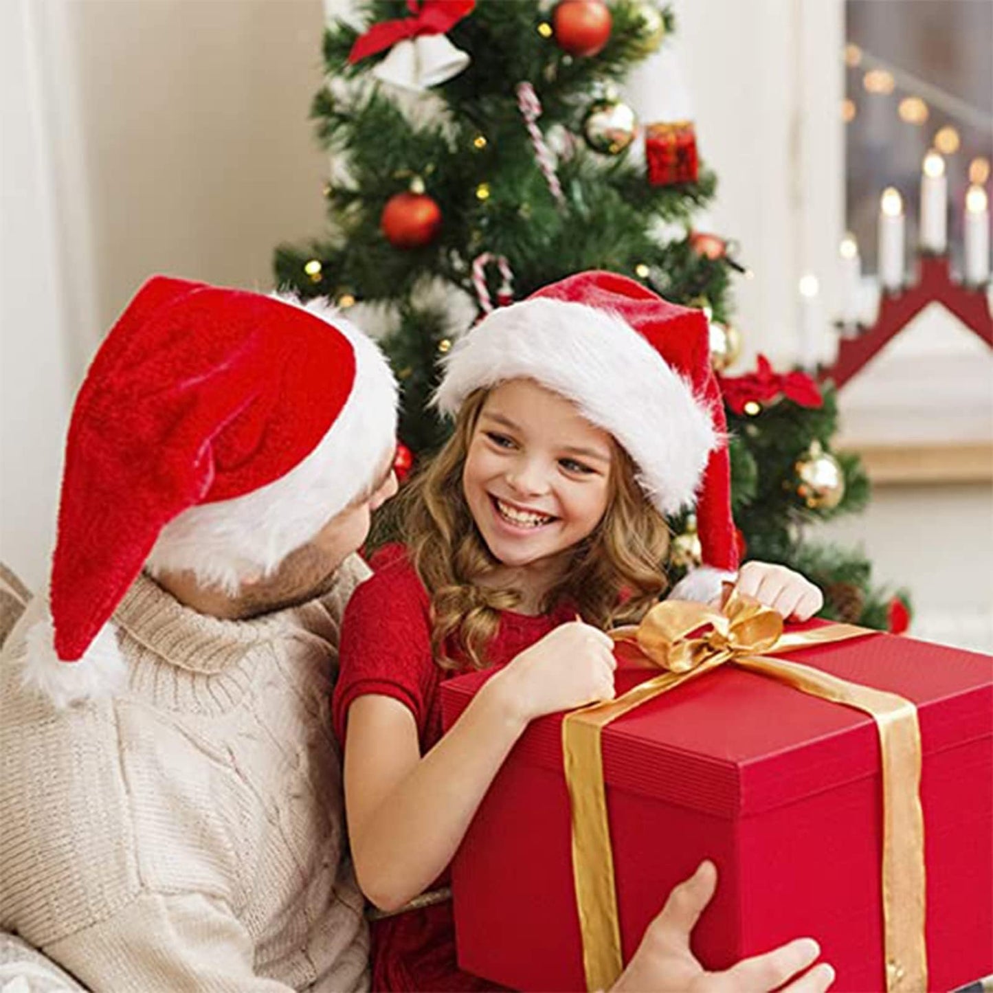 2pcs Fluffy Red Santa Hats Set with Plush Brim and Liner for Adults Men Women - Christmas, New Year Party Supplies & Gifts
