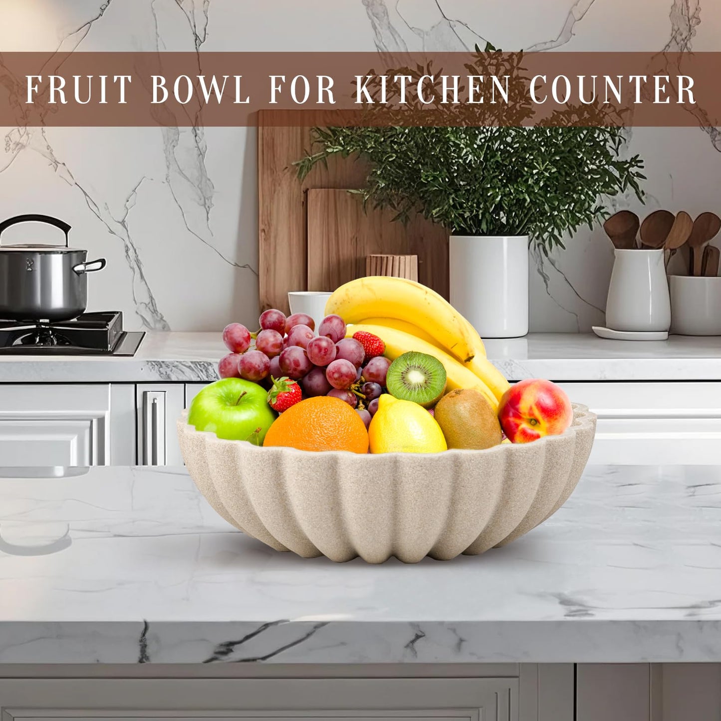 L'ARL GMVOI Large Decorative Bowl - Modern Handicraft Bowls for Home Decor - Fruit Bowl for Kitchen Counter - Key Bowl for Entryway Table - Ruffle Centerpiece Bowl Decor,Artificial Stone Beige