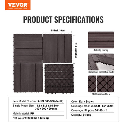 VEVOR 54 sq. ft Plastic Interlocking Deck Tiles, 54 Pack,12"x12" Waterproof Non-Slip Outdoor Flooring All Weather Use, Patio Floor Decking Tiles for Porch Poolside Balcony Backyard, Dark Brown