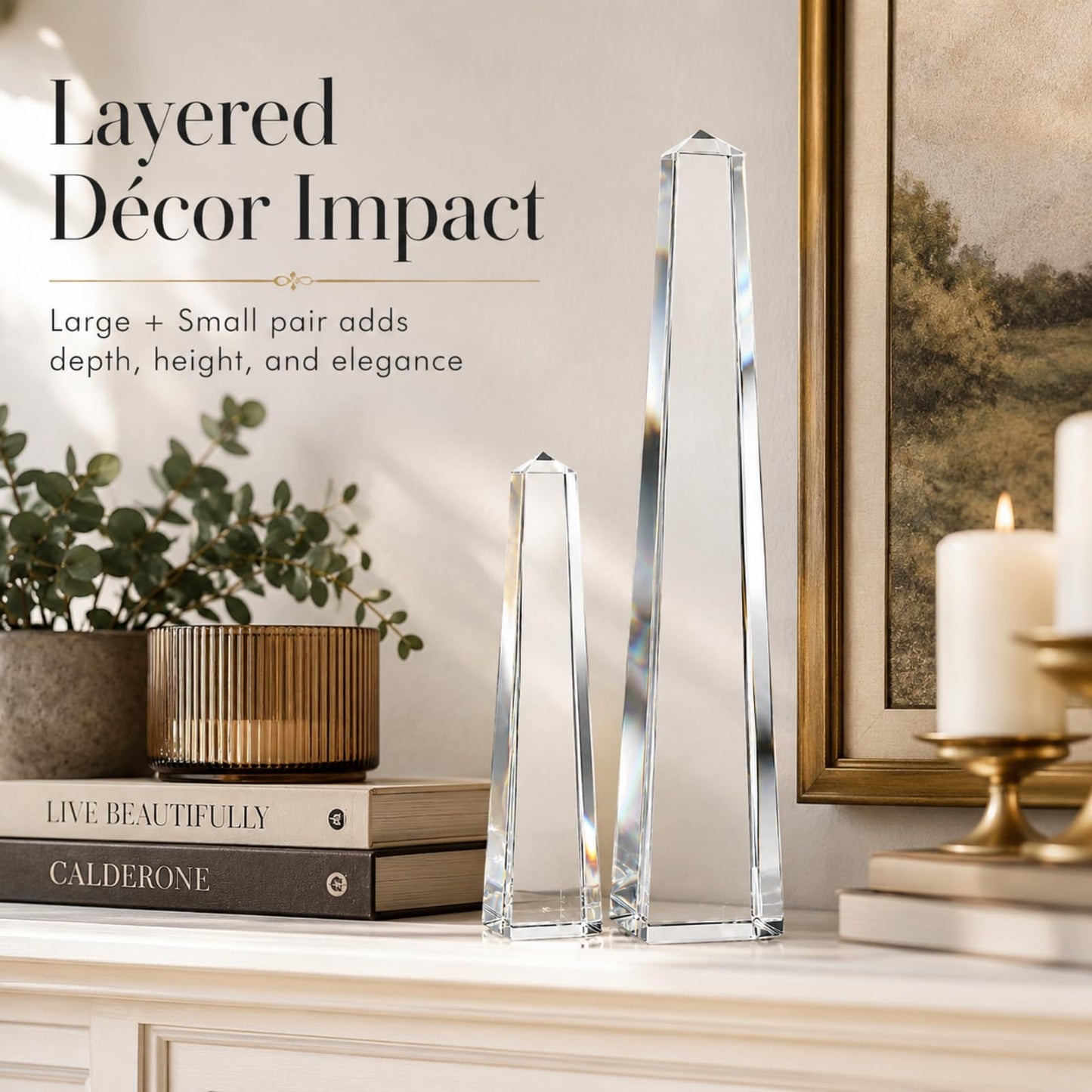 Novabright Crystal Obelisk Towers - 2 Pcs 9.25 Inch & 6.18 Inch Optical Crystal Decoration Set, Ideal for Farmhouse, Modern, and Home Decor for Mantel, Vanity, Side Table, Shelf, and Office Styling