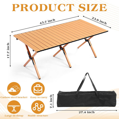 Suzile 4FT Folding Camping Table, Roll Up Portable Camp Table with Carry Bag, Low Collapsible Lightweight Aluminum Outdoor for Camping, Picnic, Beach, Patio, Kitchen (Yellow Wood Color)