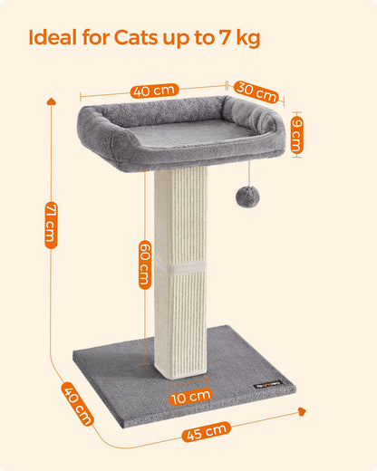 Feandrea Cat Scratching Post, Cat Scratcher with 40 x 30 cm Plush Perch, Cat Tree, 71 cm Tall Scratch Post with Woven Sisal, 45 x 40 cm Base, Pompom, Light Grey