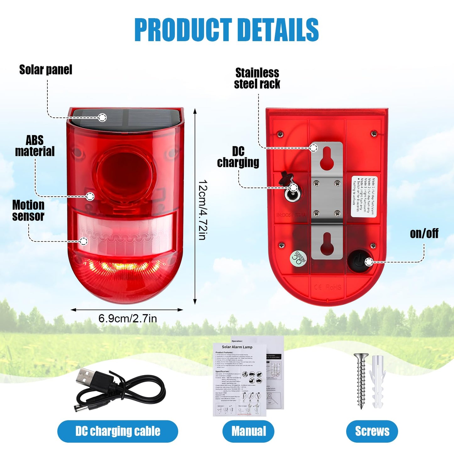 Qualirey Solar Sound and Light Alarm Motion Sensor 129db Outdoor Security Siren Waterproof Activated Detector Driveway Alarm 6 LEDs Flash Warning Deterrent Strobe System for Home, Farm(Red,16 Pack)