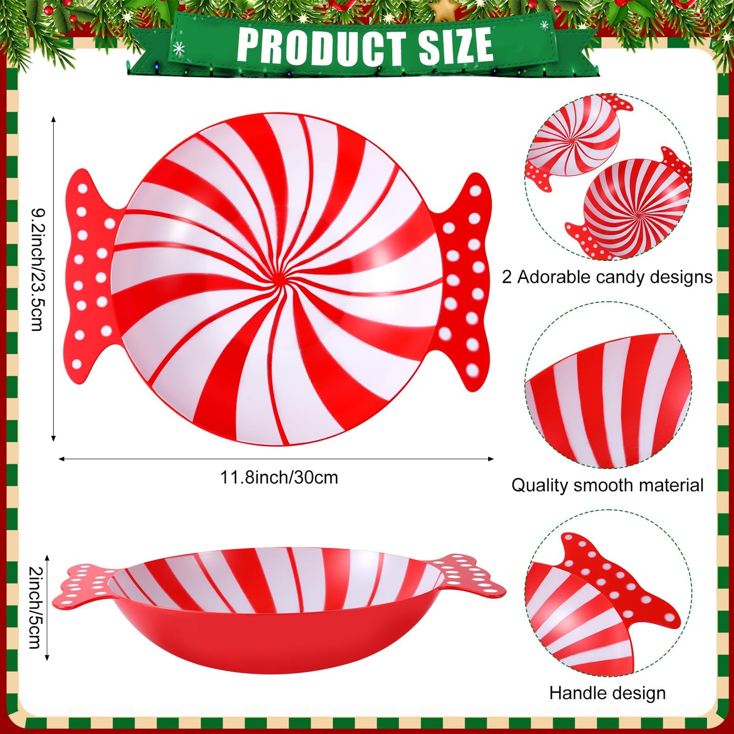 Wiwiqing 2 Pcs Christmas Peppermint Candy Tray Dishes Red Candy Platter Plastic Serving Dessert Plates Tableware Christmas Decorative Plates Dinnerware for Xmas Holiday Party Favor (Red)