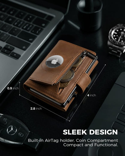 DODENSHA AirTag Wallet, RFID Blocking Genuine Leather Pop Up Credit Card Holder Wallet with Coin Pocket, ID Window, Banknote Compartment & Snap Closure