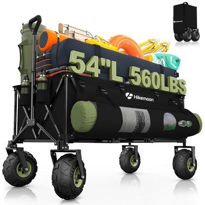 Hikemoon 400L Collapsible Beach Wagon with 10" Big Balloon Wheels for Sand, 54" Long Extra Large Wagons Carts Foldable, All Terrain Tires & 560LBS Heavy Duty, Utility Folding Cart for Outdoors, Black