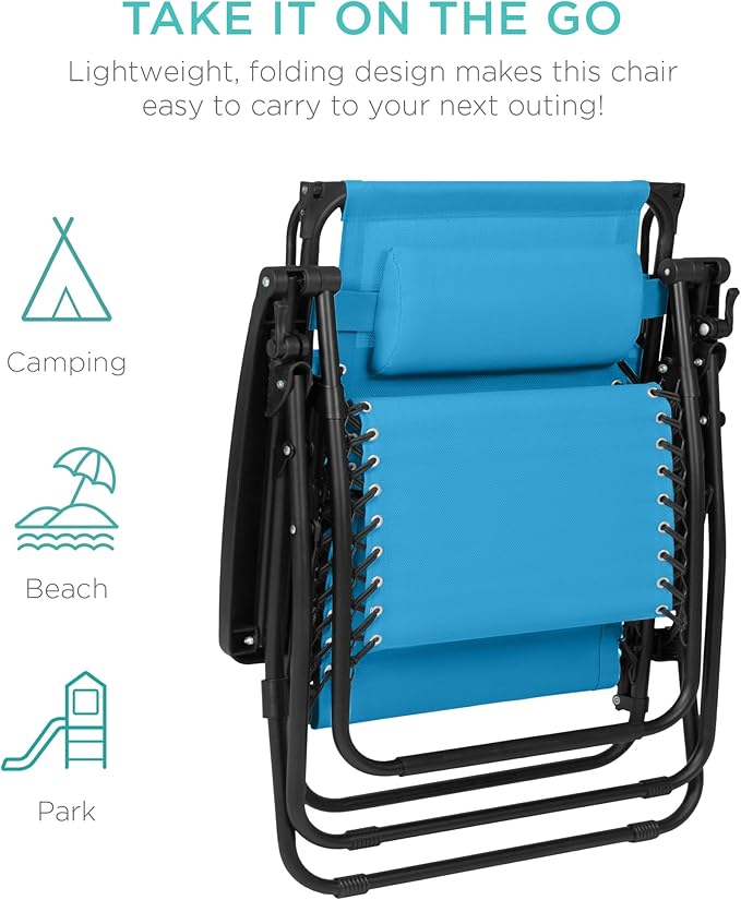 Best Choice Products 30” Wide Folding Zero Gravity Outdoor Recliner Patio Lounge Chair w/Adjustable Canopy Shade, Headrest, Side Accessory Tray - Light Blue