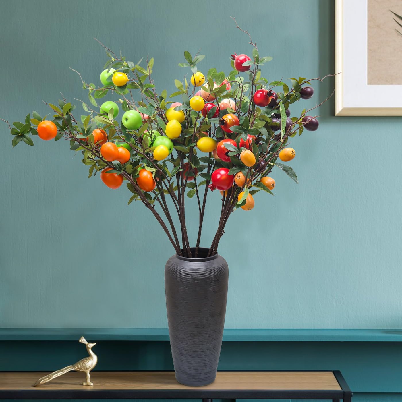 Woration 3PCS Artificial Pomegranate Tree Branches 37.4 inch Fake Vivid Fruit Pomegranate Berries Branches Lifelike Props Vase Home Party Decoration