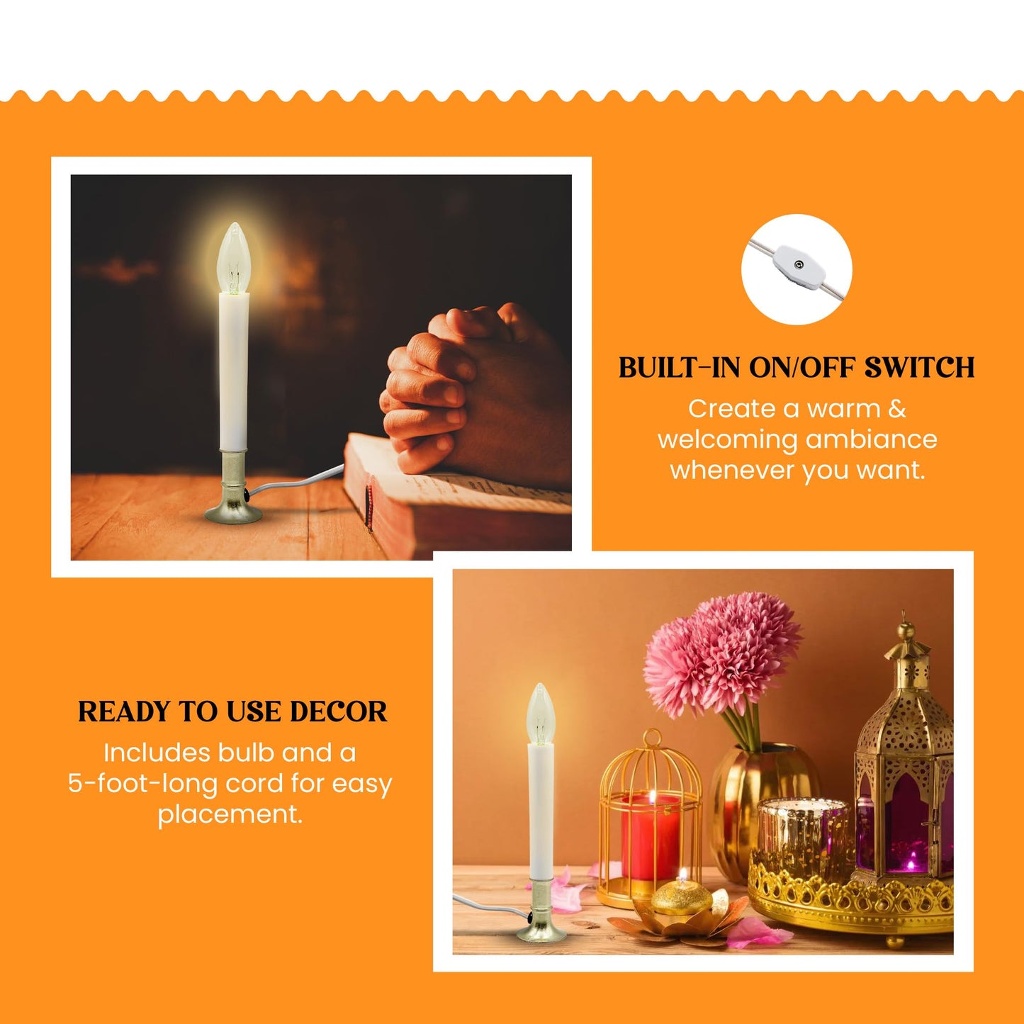 Creative Hobbies® Pack of 6 Electric Window Candle with On/Off Switch, Incandescent Light Bulb, Brass Plated Base, Ready to Use (Original)