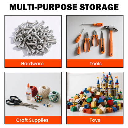 Ultrawall Wall Mounted Storage Bins, Plastic Hanging Storage Organizer Bins, Garage Tool Storage System for Screws, Nuts, Bolts, Nails, and Small Hardware Parts, 16x bins & 4 x rails, Orange