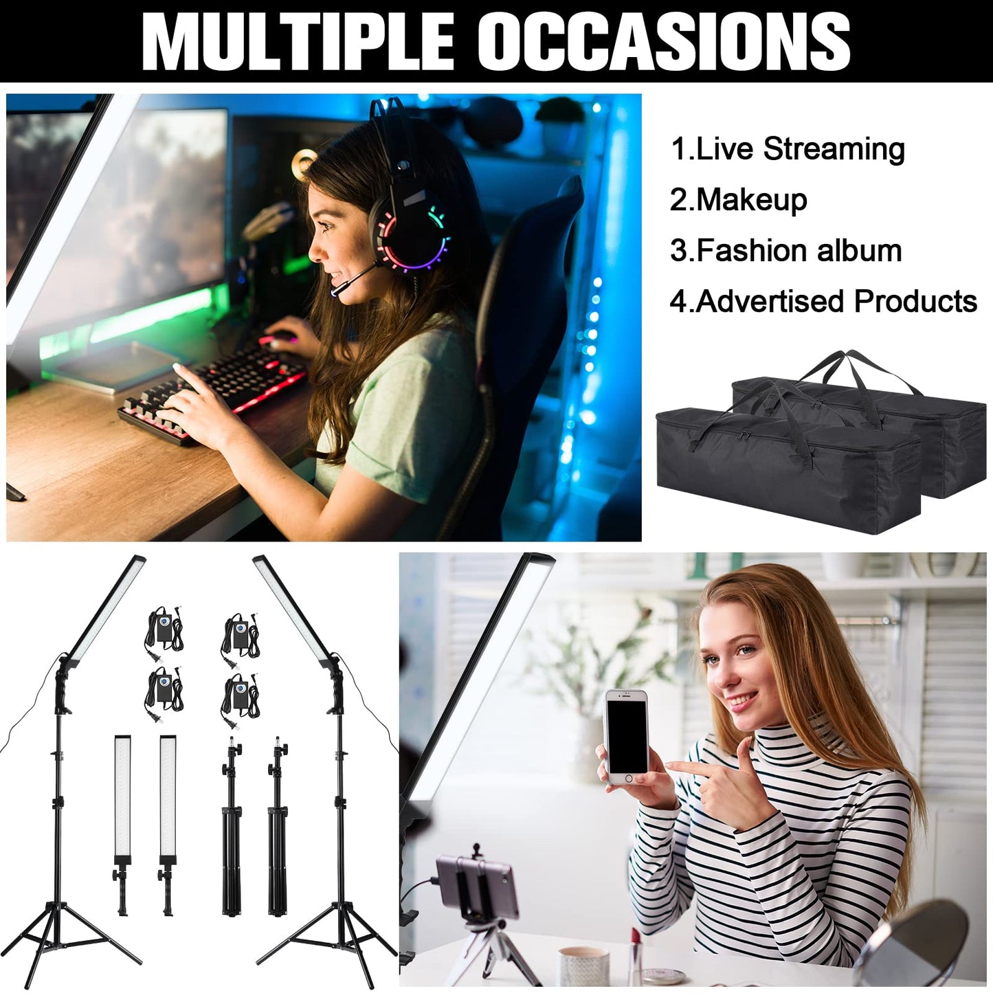 Xuhal 4 Pack LED Photography Lighting Stick Kit Adjustable LED Video Light with 22-63 Tripod 5500k 90 Beads Photoshoot Fill Lights Portable Studio Lighting for Live Streaming CRI 80+