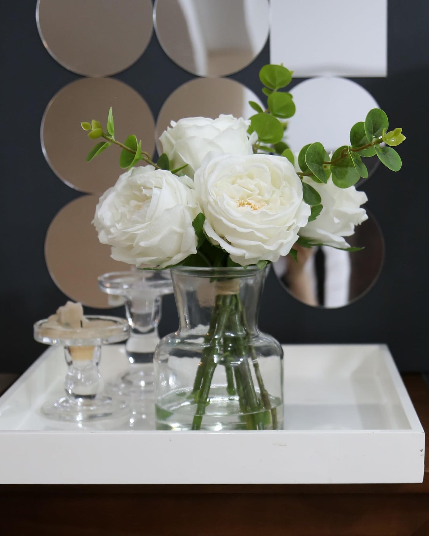 CHASMILE Artificial Flowers with White Roses in Vase, Fix Lifelike Fake Flowers in Vase with Artificial Water, Faux Flower Arrangements for Dining Table Centerpiece Decor