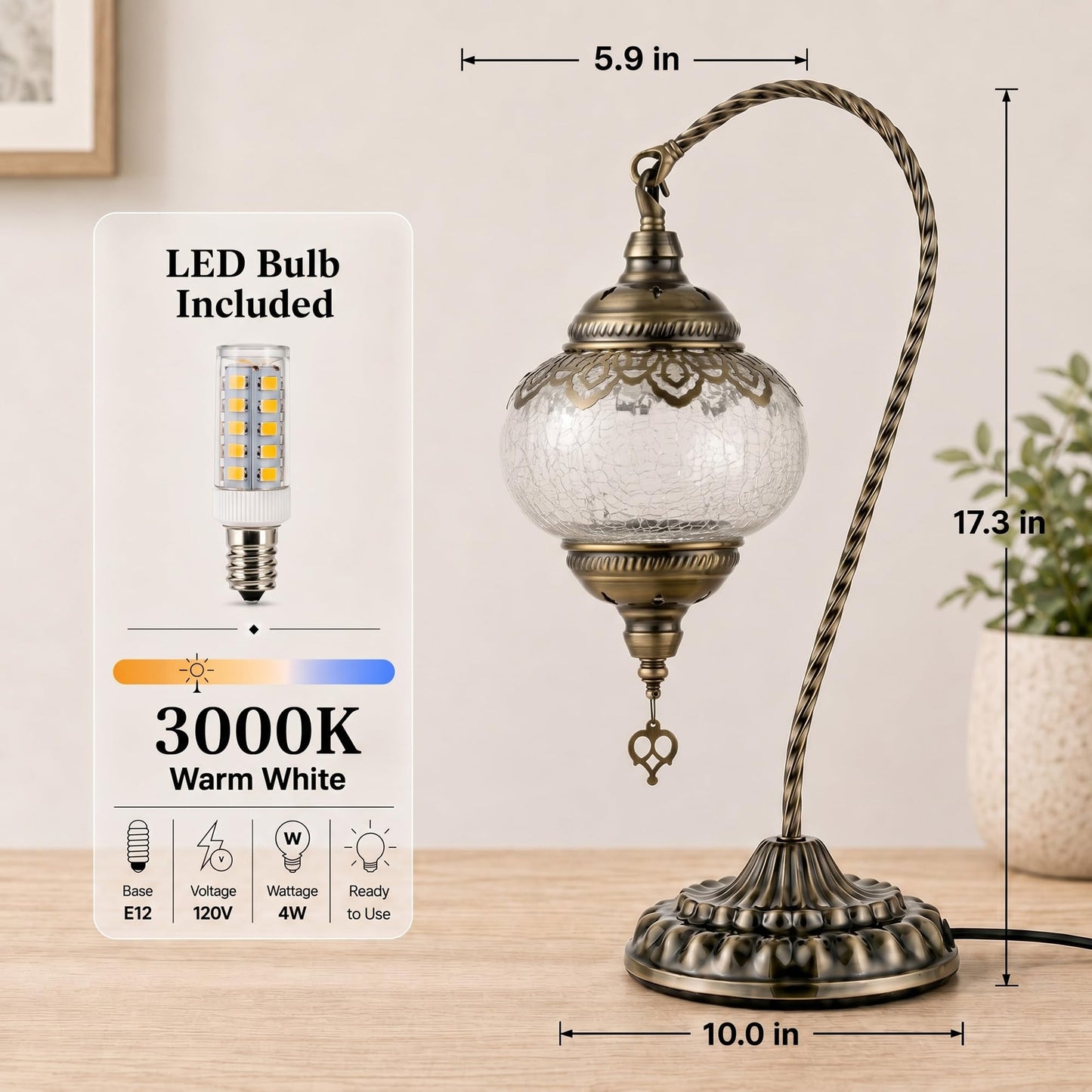 GOGERS Swan Neck Turkish Moroccan Lamp Handmade Stained Mosaic Glass Vintage Lamp Shade Bohemian Tiffany Style Bedside Night Lamp Lighting for Bedroom Living Room (White)