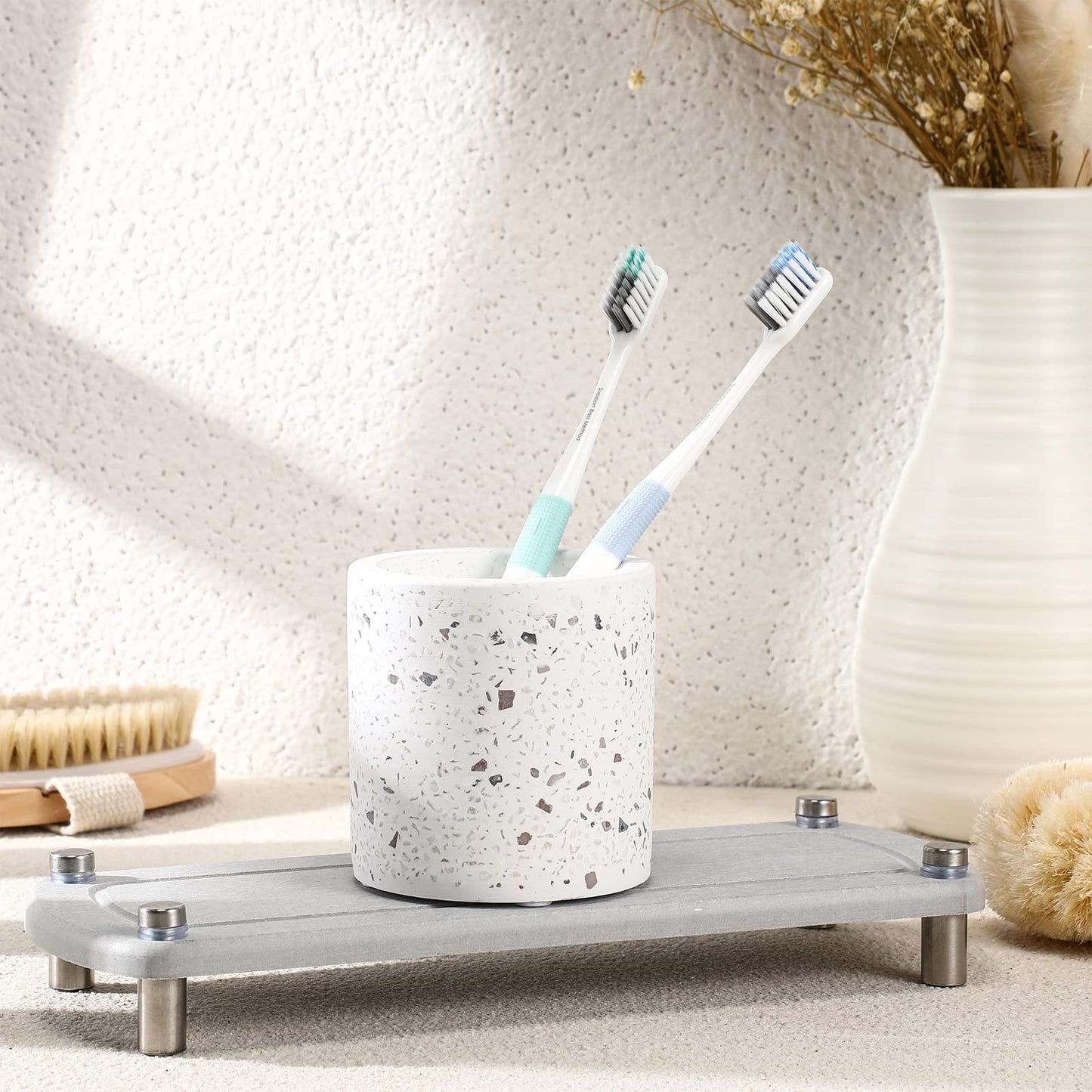 Diatomite Toothbrush Holder, BOJDOPIE Water Absorption Quick Drying Bathroom Countertop Organizer, Stand Cup for Toothpaste Makeup Brushes Razors (White)