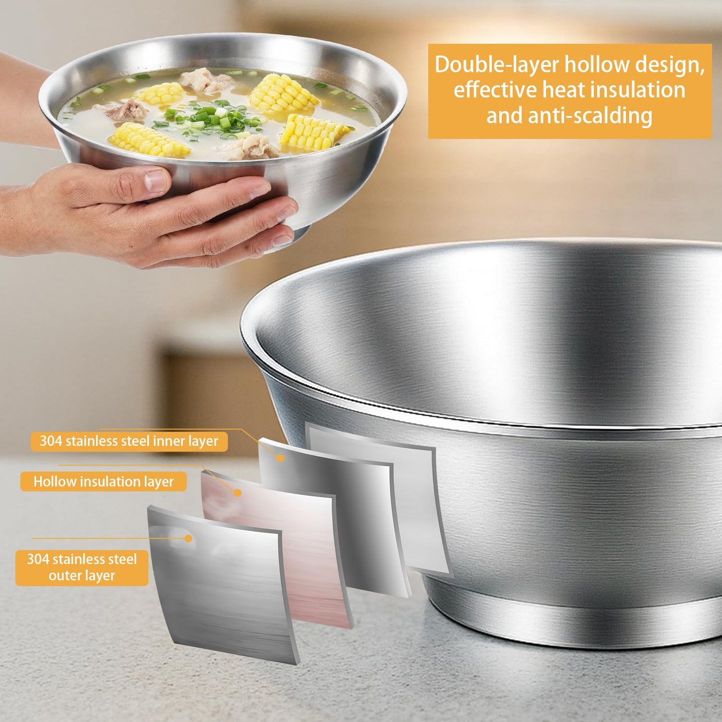 Molain 2 Pcs 54oz Large Double Walled Insulated Ramen Bowls, 304 Stainless Steel Salad Bowls Silver Soup Noodle Serving Bowl for Pasta Fruit Ice Cream Dishwasher Safe