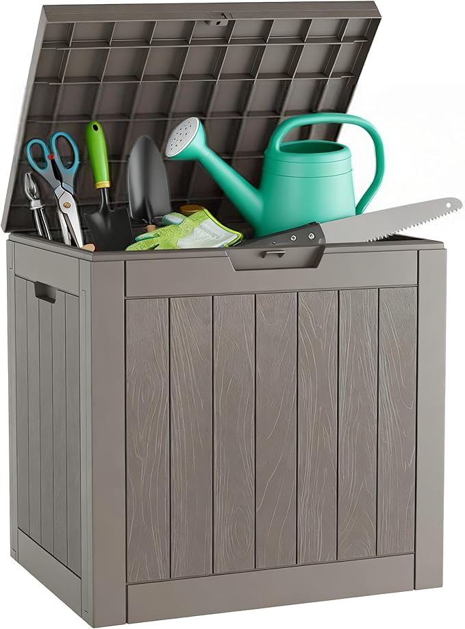 Outdoor Storage Box, Resin Deck Boxes Indoor and outdoor, Waterproof Storage Box Lockable Lid (Grey,32 Gallon)