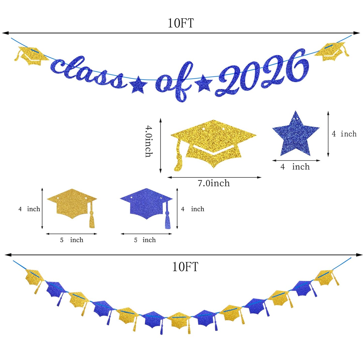 Navy-Blue White-Gold Party-Decorations Graduation Banner - 8pcs Kits Class of 2026 Cap Garland Streamers, Paper Tissue Pom Poms Flowers, Congratulations Grad Decor Lasting Surprise