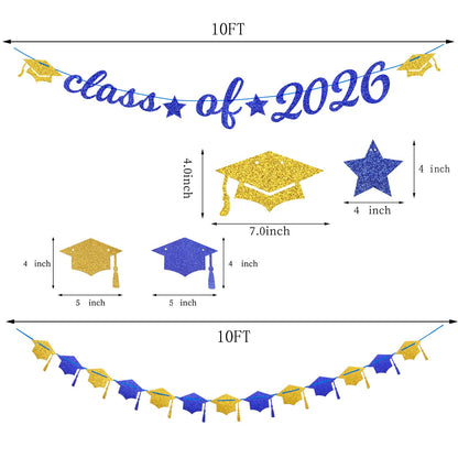 Navy-Blue White-Gold Party-Decorations Graduation Banner - 8pcs Kits Class of 2026 Cap Garland Streamers, Paper Tissue Pom Poms Flowers, Congratulations Grad Decor Lasting Surprise