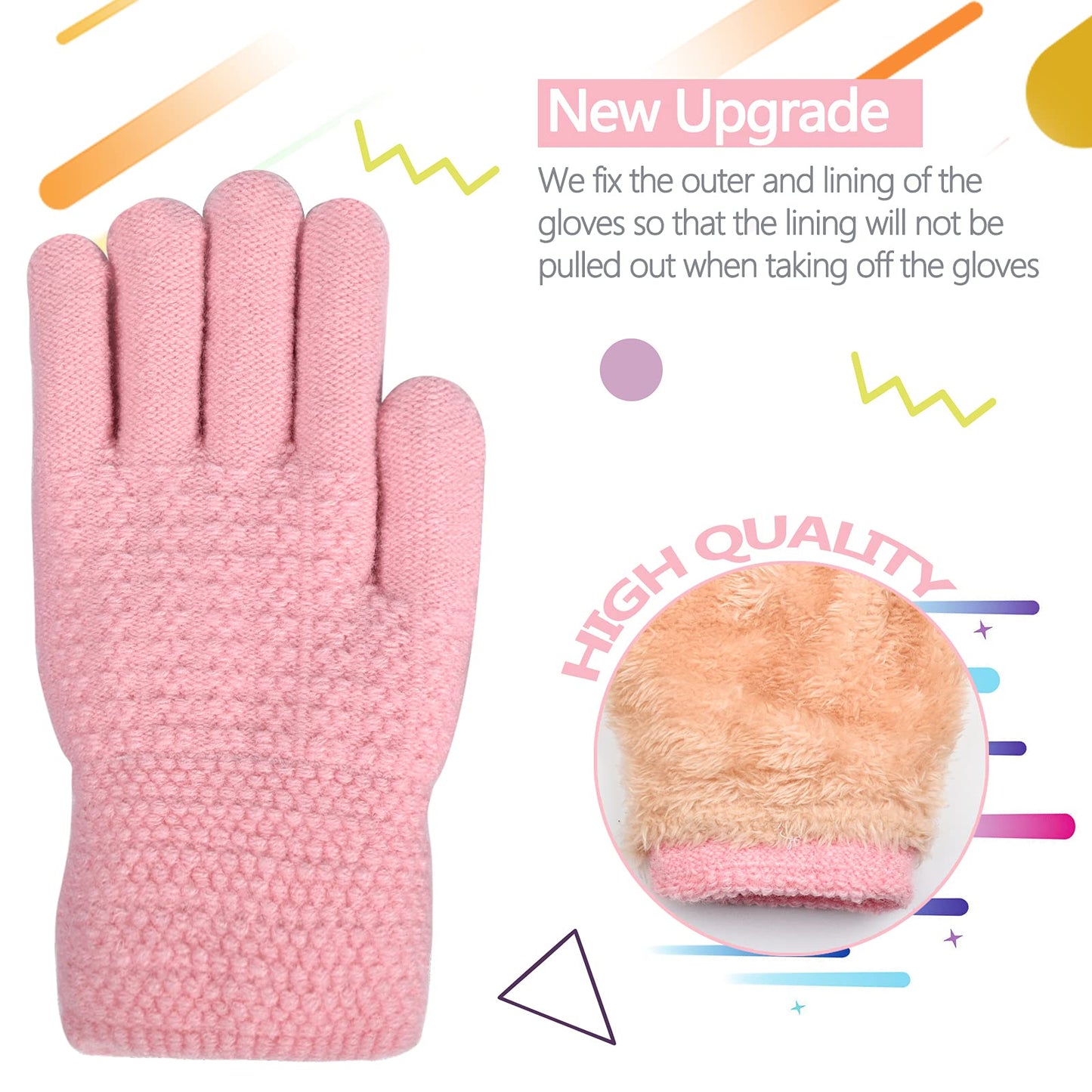 Kids Winter Hats Gloves Scarf Set for Girls Toddler Beanie Baby Neck Warmer Warm Thick Fleece Lining Thermal Pink Knit Cap with Cute Pom Pom for 6-10 Years Old, Gifts for Childrens