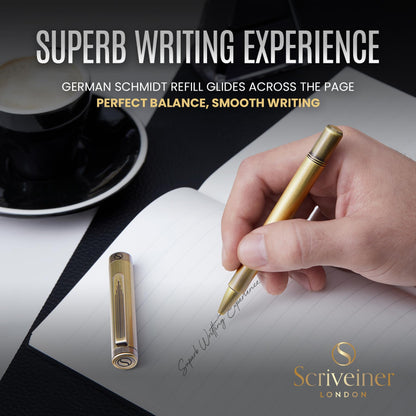 Scriveiner Brass EDC Luxury Rollerball Pen, Stunning Heavy Pocket Rollerball, Hand Brushed Bronze Finish, Best Writing Gift for Men, Women, German Schmidt Refill, Fancy Office & Designer Pen