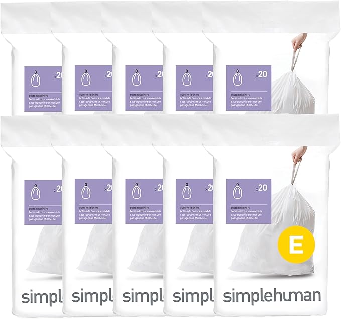 simplehuman Code E 200 Count, Dispenser Pack Custom Fit Liners, Drawstring