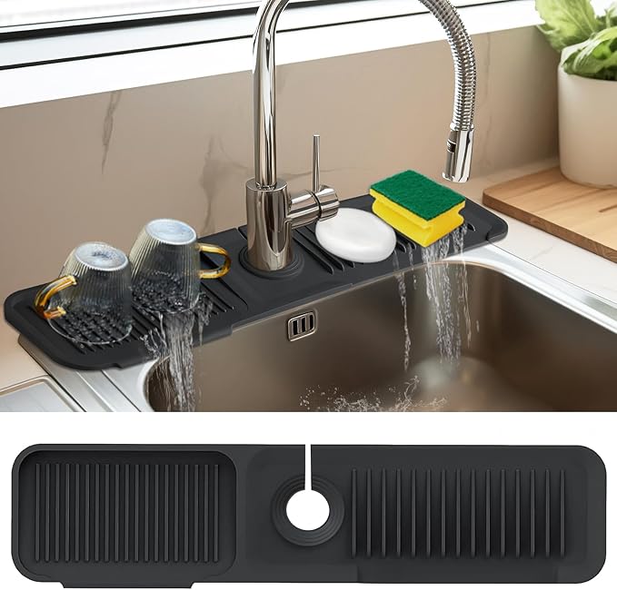24 Inch Kitchen Sink Splash Guard，5°Slope Fast Draining Silicone Mat