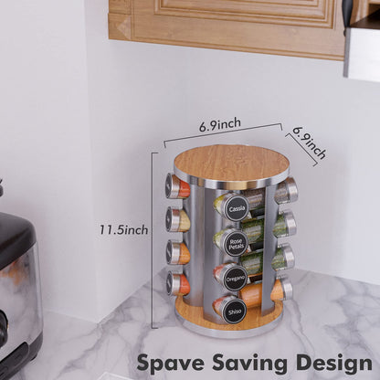 Revolving Spice Rack Set with 20 Spice Jars, Kitchen Spice Tower Organizer for Countertop or Cabinet -- Carousel Storage Includes 386 Spice Labels -- Desktop Rotating Seasoning Organizer