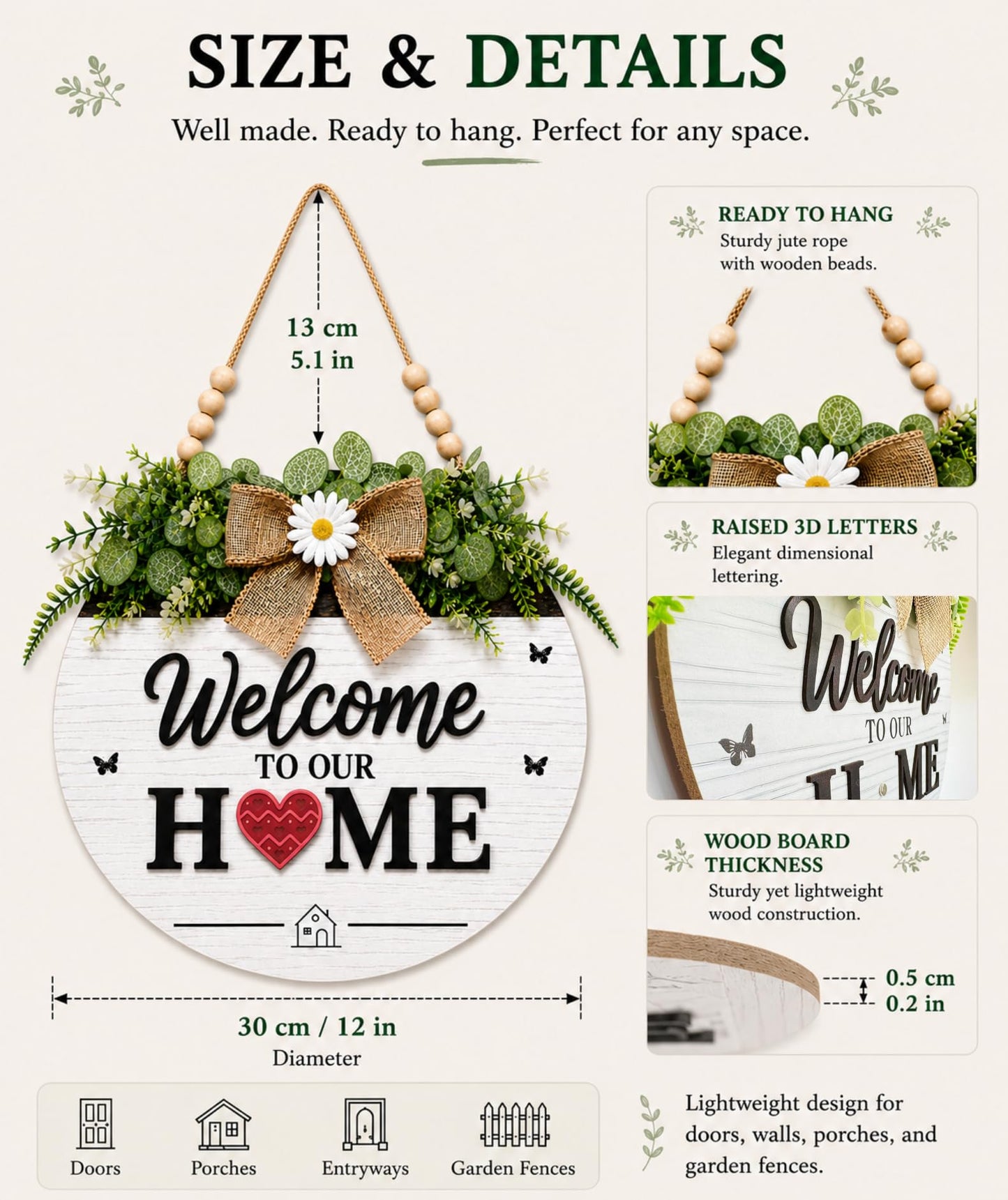 Interchangeable Welcome Sign for Front Door, Round Farmhouse Door Hanger with 12 Changeable Seasonal Magnets, Welcome to Our Home Porch Decor, Rustic Wood Look Wall Sign for Entryway and Housewarming Gift