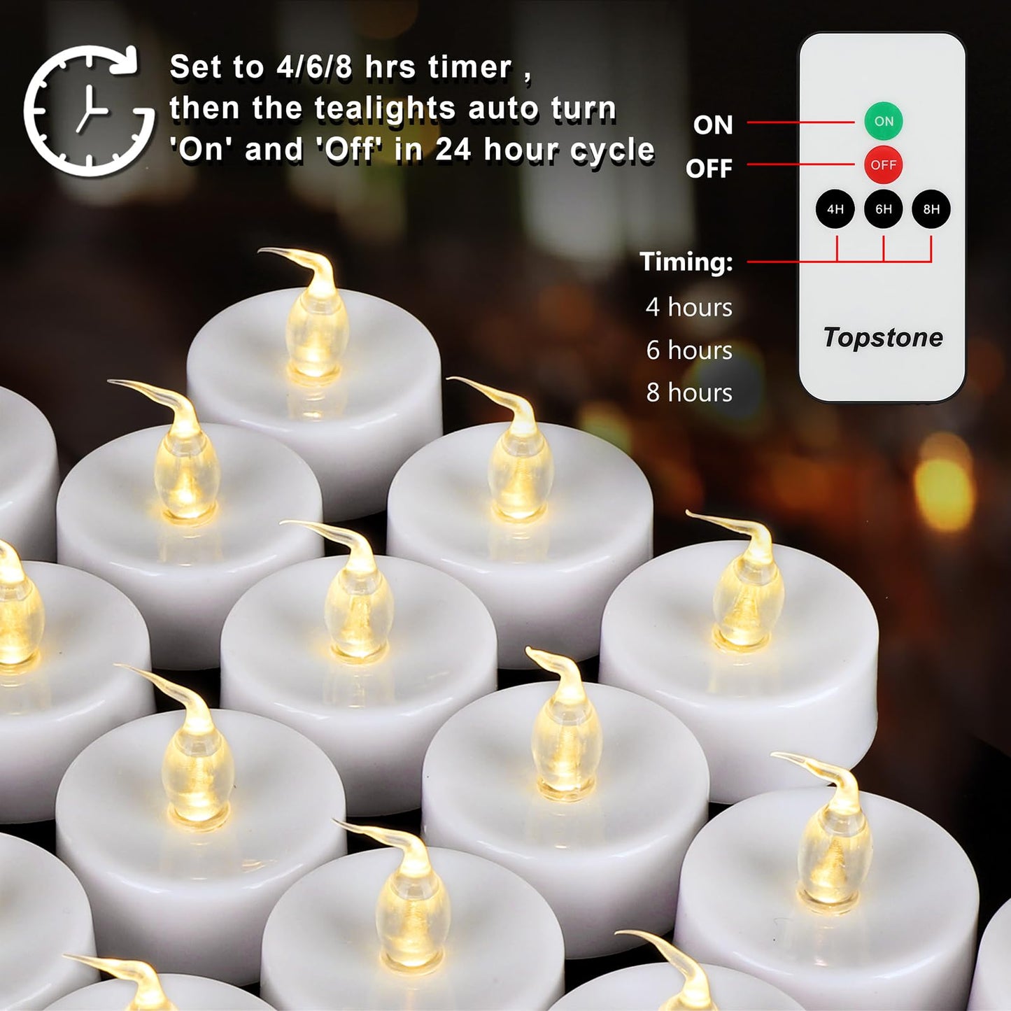 Topstone LED Candles with Remote and Timer,400+ Hours Battery Life,Realistic Flickering Flameless Votive Candles,Safe Decorative Lighting for Christmas/Wedding/Home Decor - 12 Pack Warm White