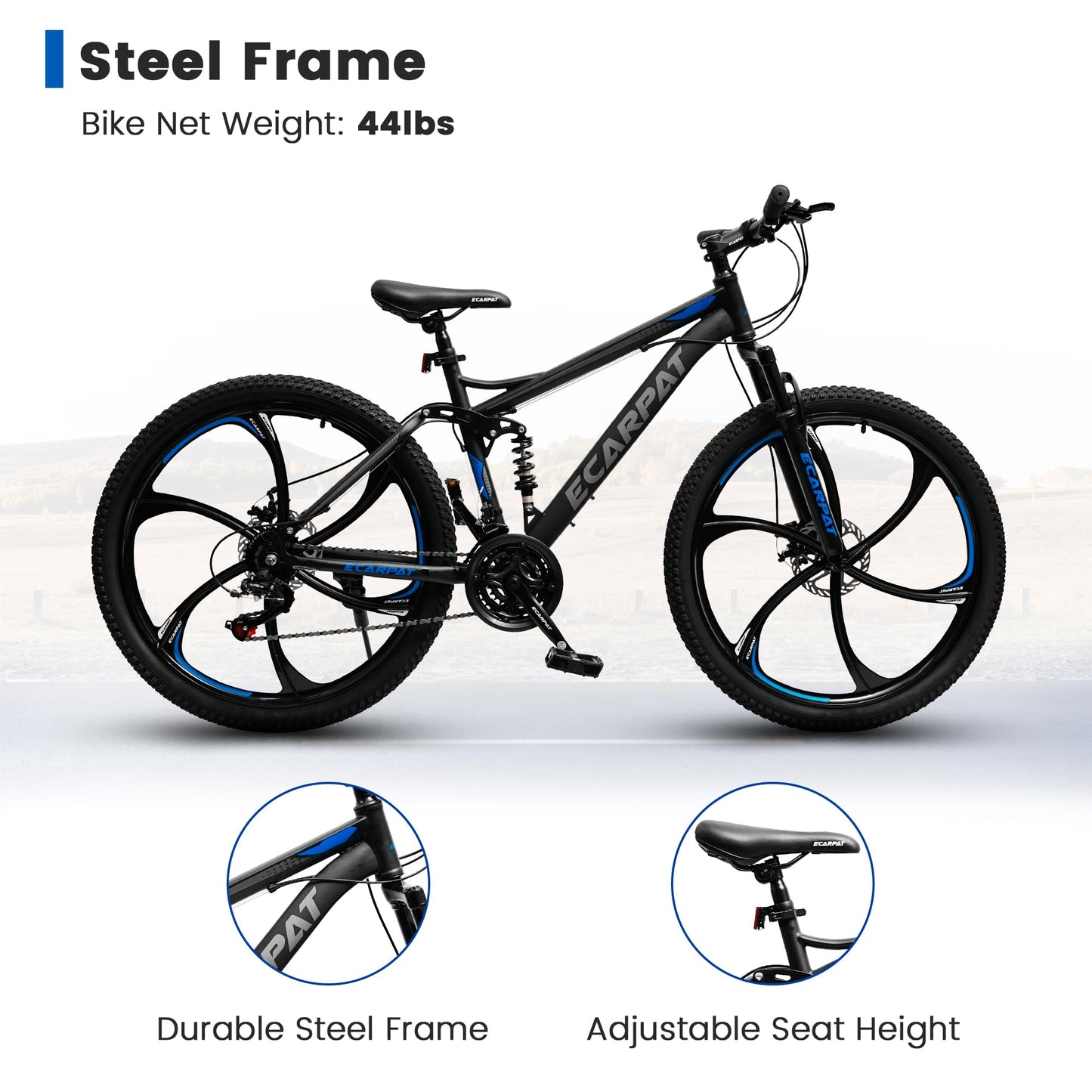 Rycheer Ecarpat 26 Inch Mountain Bike Full Suspension, 21 Speeds Dual Disc Brake, 6 Spokes Men Women Mountain Bike, Durable Carbon Steel Bicycle, Adult Trail Beach Snow Commuter City Bikes