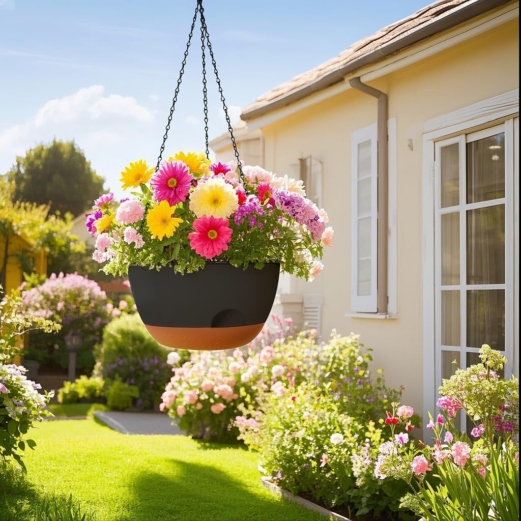 LESOASIS Hanging Planter for Indoor Plants, 10 Inch Self-Watering Hanging Planters with Drainage Holes and Chain, Set of 2 Outdoor Hanging Pots for Garden Home