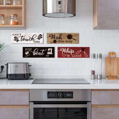 4 Pcs Kitchen Wall Decor Signs, Funny Wood Home Sign, Rustic Farmhouse Wall Hanging Art for Kitchen Dining Room Decoration (Retro Style-A, 4 x 11.8 inch x 4pcs)
