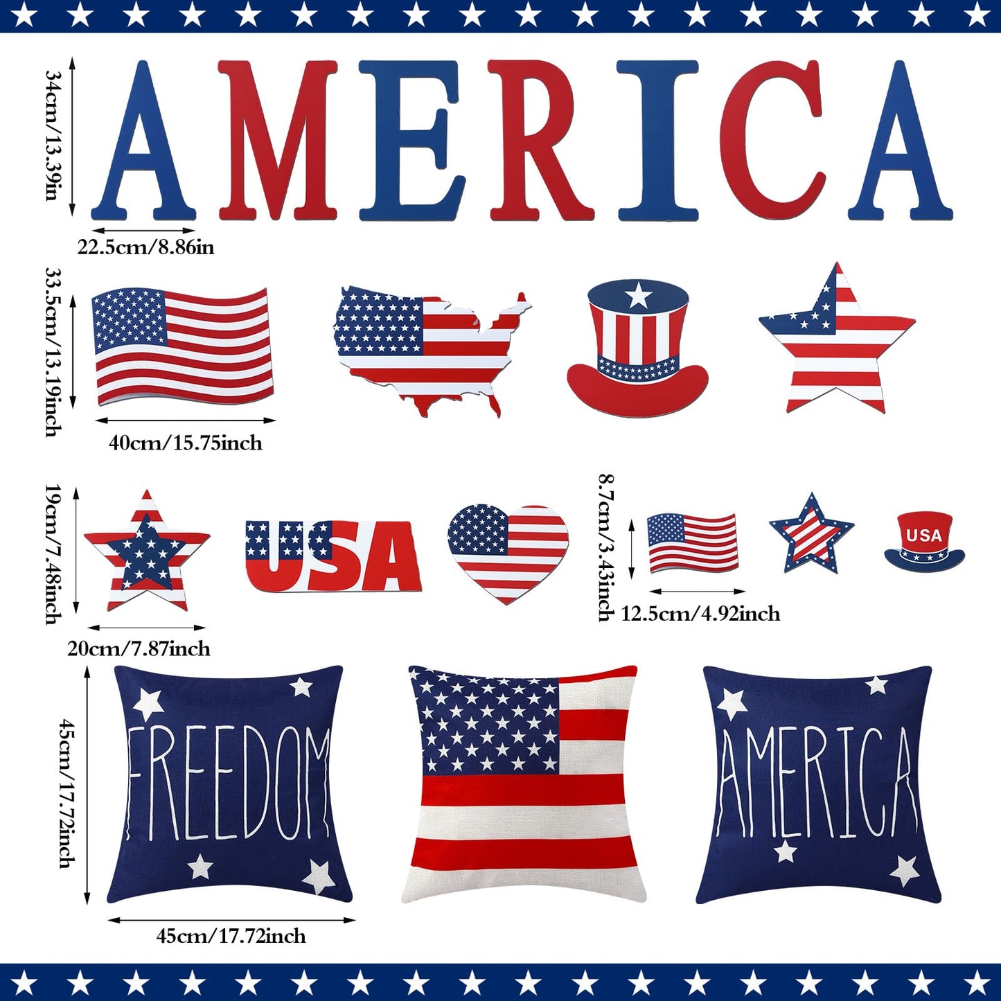 HunnmingRe Large 4th of July Christmas Tree Decor Set with Light & Pillow Cover Patriotic Ornament Red White and Blue Topper America Star Letter Pick for Independence Day 250th Anniversary Home Decor