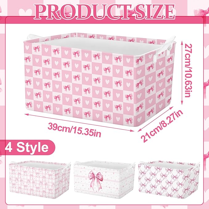 4 Pcs Pink Bow Storage Basket for Gifts Collapsible Girls Coqutte Pink Storage