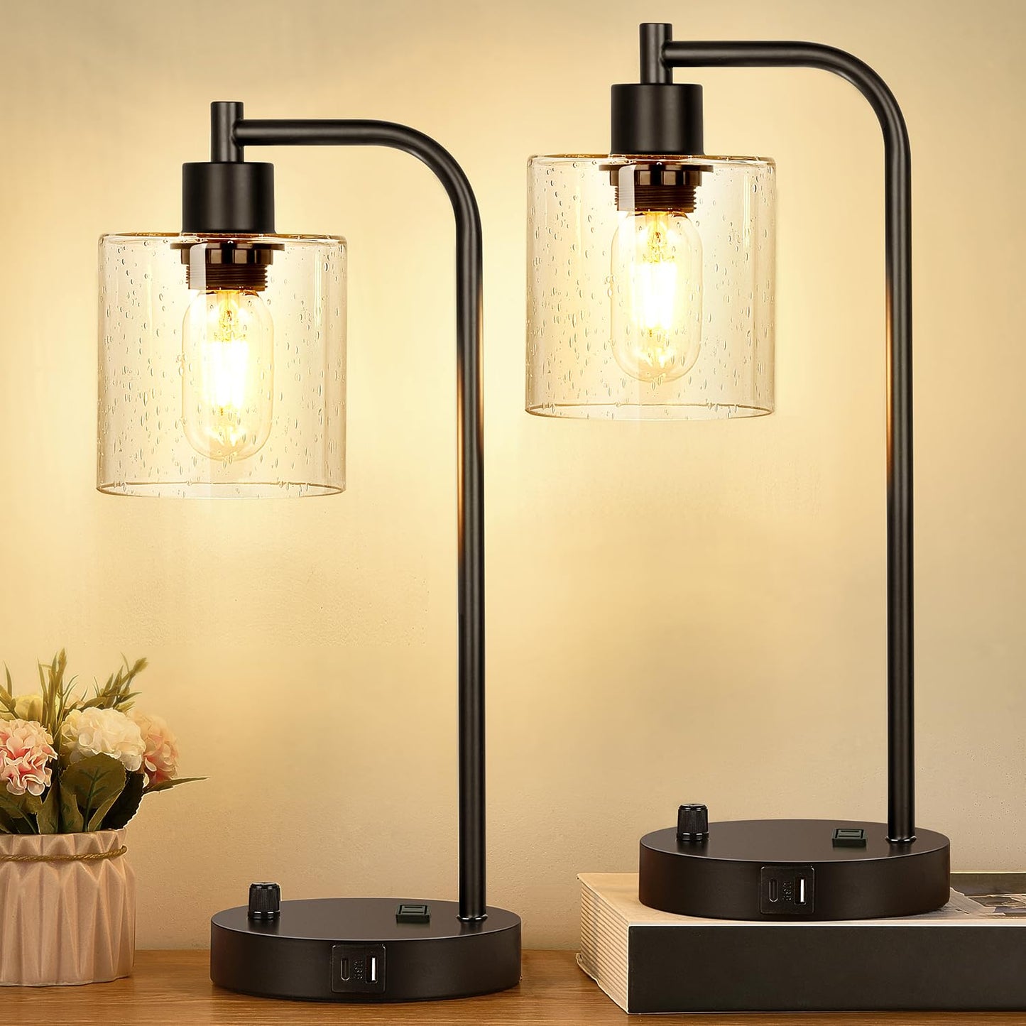 Set of 2 Industrial Table Lamps with USB C+A Ports and Outlet, Fully Stepless Dimmable Bedside Lamps for Bedrooms, Nightstand Lamp with Seed Glass Shade for Reading Living Room Office (Bulbs Included)