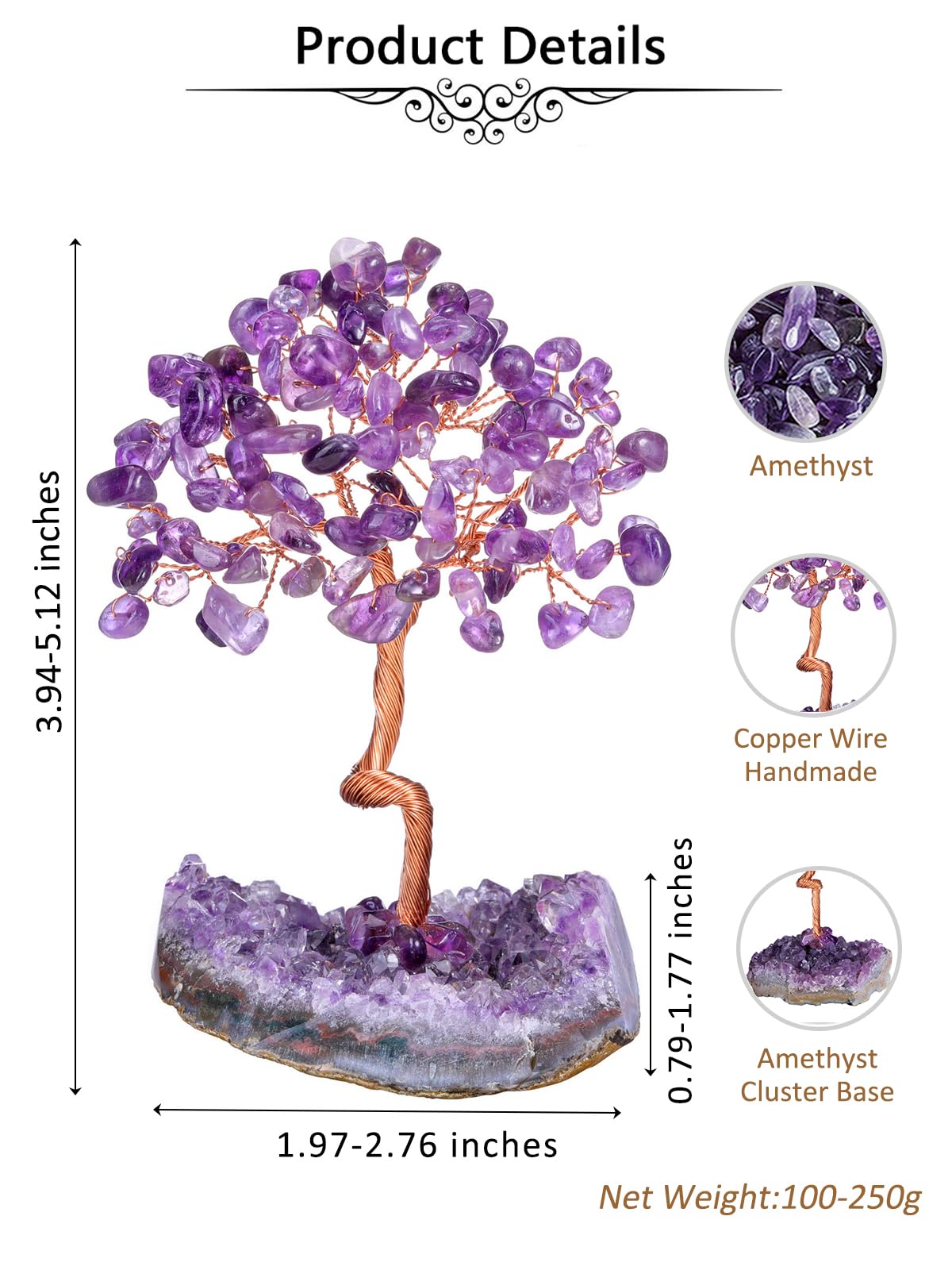 Jovivi Amethyst Crystal Tree of Life,Amethyst Cluster Base Money Tree Bonsai Decorations,Crystal Tree for Positive Energy,Handmade Gemstone Tree,Purple Room Office Desk Feng Shui Tree Decor