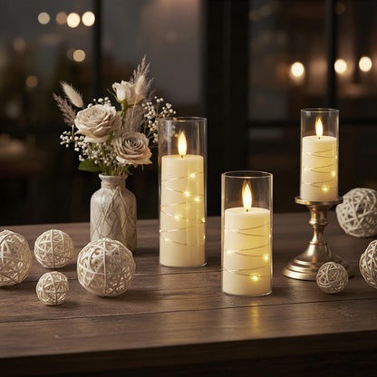 Raycare Flameless Candle with Remote Timer 7 Flickering Acrylic Battery Operated LED Pillar Candles with Embedded Star String for Christmas, Wedding, Home Table Decor, and as a Gift (Ivory White)
