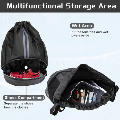 YEVOPOU Sports Drawstring Backpack with Shoes Compartment, String Gym Bag with Wet Proof Pocket for Basketball, Soccer, Swim, Black Sport Bag for Men and Women