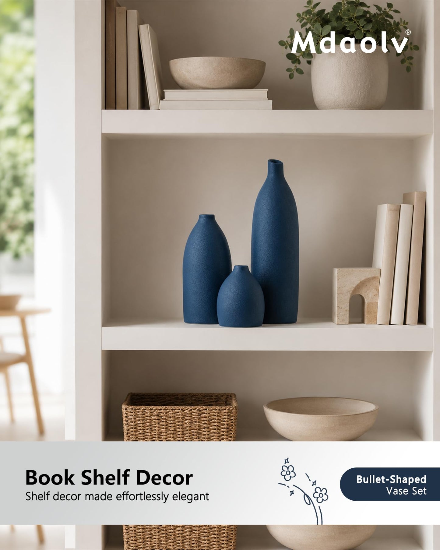 Mdaolv Matte Blue Vase Set Navy Blue Decor Coastal Decor Vases for Kitchen Island Living Room Office Table Fireplace Mantle Decorations & Bathroom Shelf Decor Centerpiece Table Decorations Ceramic