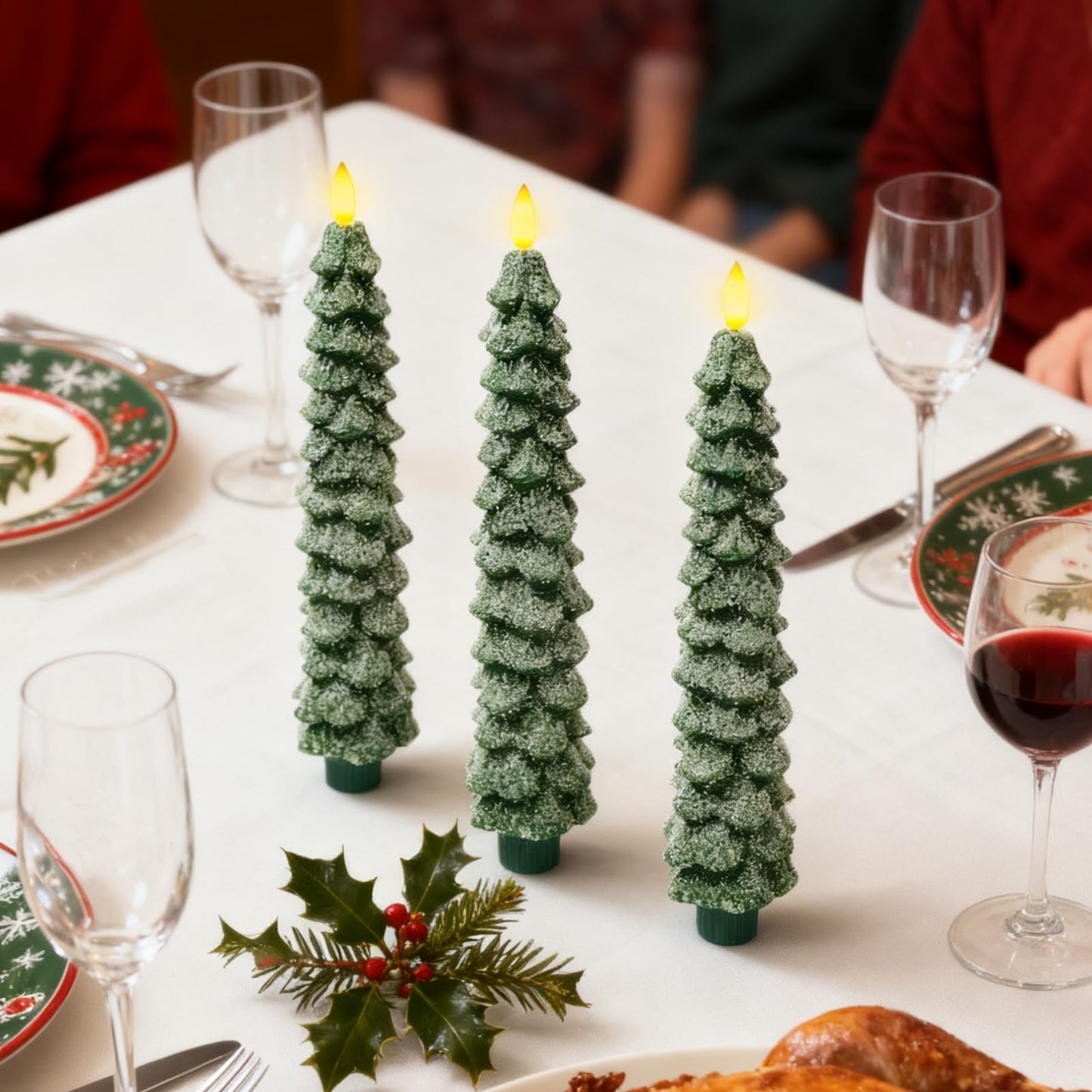 KDVOG 3 Pack Frosted Christmas Tree Candles with Remote, 9.7 Inch Real Wax flameless Taper Candles, LED Green Candlesticks with 3D Flickering Flame for Xmas New Year Home Decor Gifts