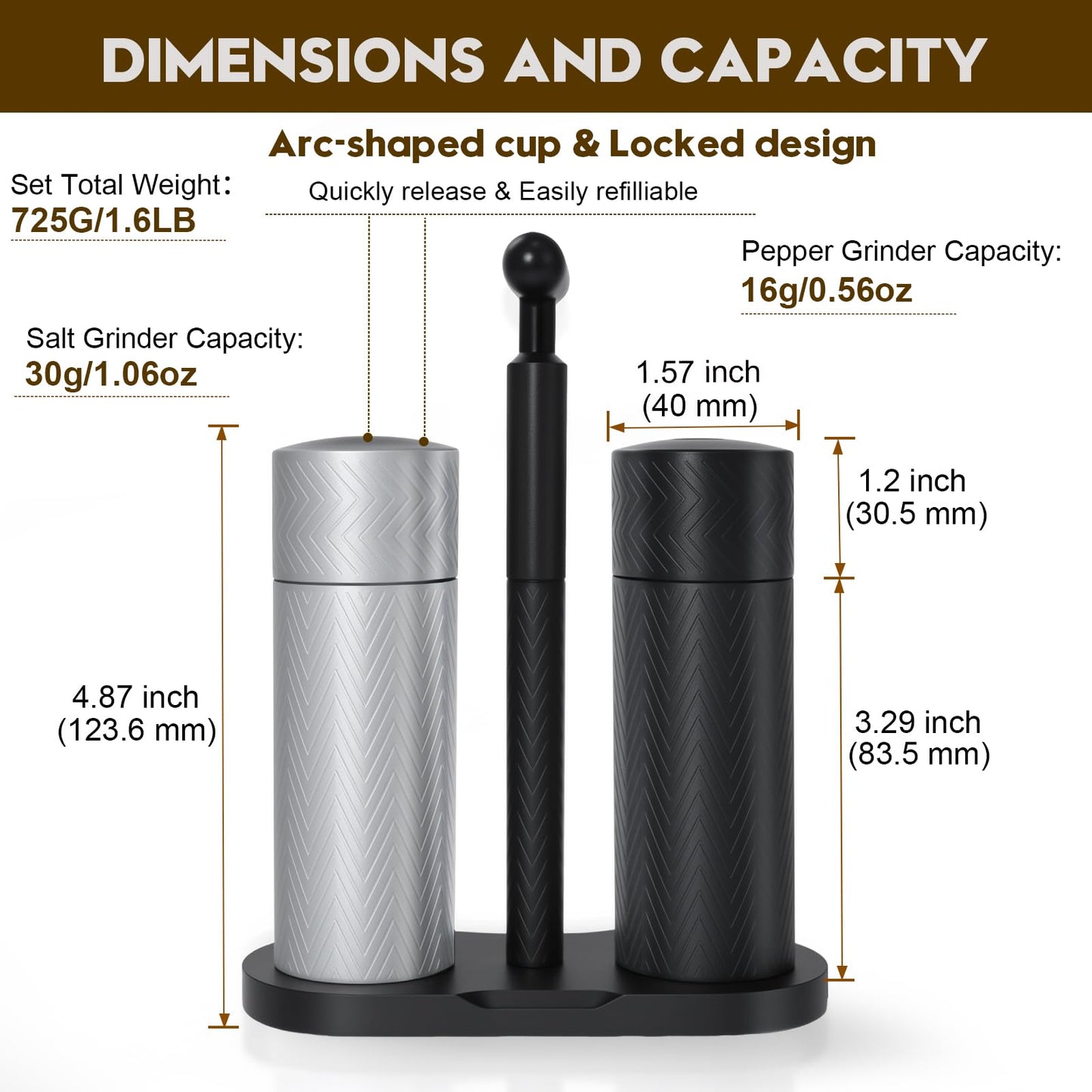 ARKNOAH Salt and Pepper Grinder Set 2-Pack with Stand, Adjustable Coarseness Mill - Aerospace Aluminum Body, Stainless Steel & Ceramic Core, Refillable Spice Grinders for Kitchen & BBQ