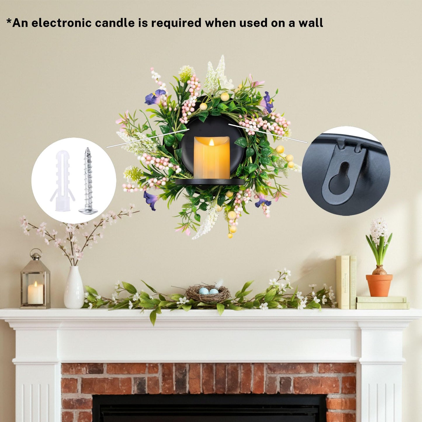 MOYEE Centerpieces for Tables Wreath with Candle Holder,Candle Ring, Black Metal Candlestick with an Artificial Wreath 14 in Versatile Dining Table Centrepiece