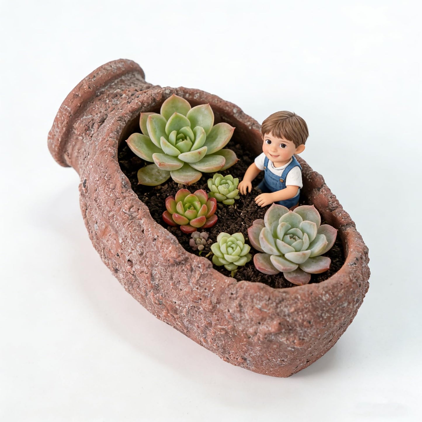 YUSNLAB Handmade Shallow Succulent Planter - 10 Inch Concrete Pot with Aged Stone Texture for Cactus, Aloe, Small Plants, Indoor/Outdoor Home Decor